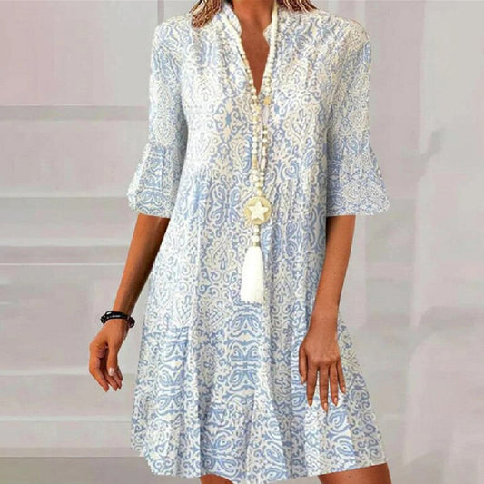 Mary – Lockeres V-Ausschnitt Kleid mit Blumenmuster
