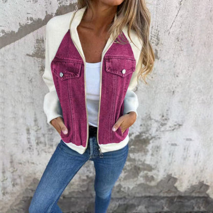 Sandra – Modische Damen-Denim-Patchwork-Jacke mit Kapuze
