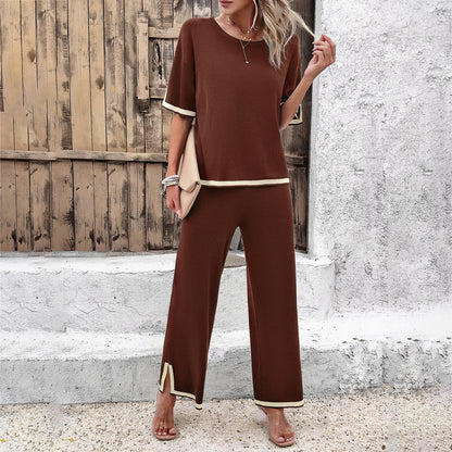 Shirley – Gestreiftes Strickensemble für Damen mit kurzem Ärmel und lockerer, gerader Hose