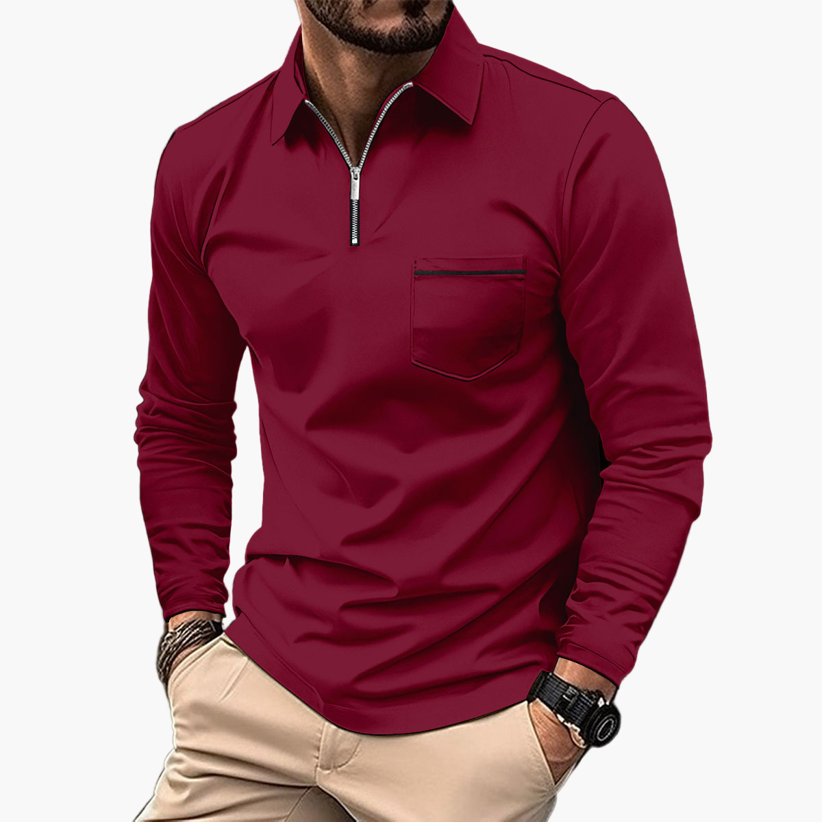 Herren Langarm-Poloshirt mit Brusttasche – Klassischer Freizeitstil für Alltag & Büro