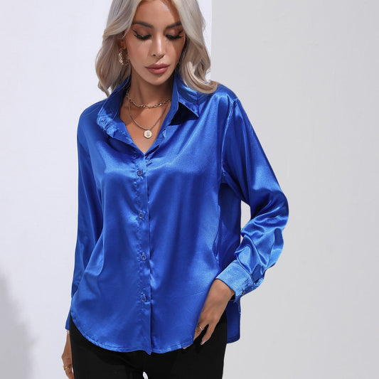 Damen Satinbluse im Cardigan-Stil – Elegante Bluse für Büro, Alltag & Feste