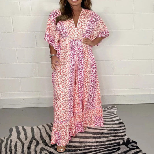 Grace – Bedruckter V-Ausschnitt Hohe Taille Lockere Jumpsuit mit Weiten Beinen