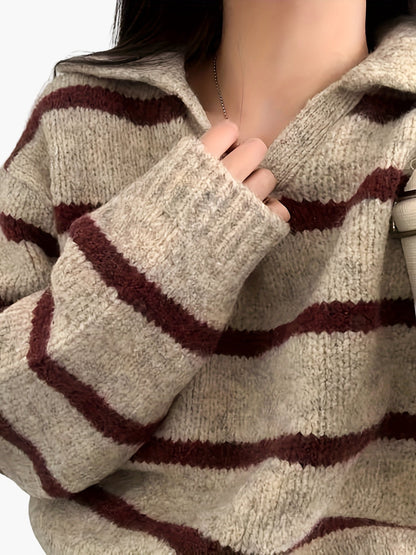 Damen Strickpullover mit Streifen und Kragen – Eleganter Freizeit-Look für Herbst und Winter