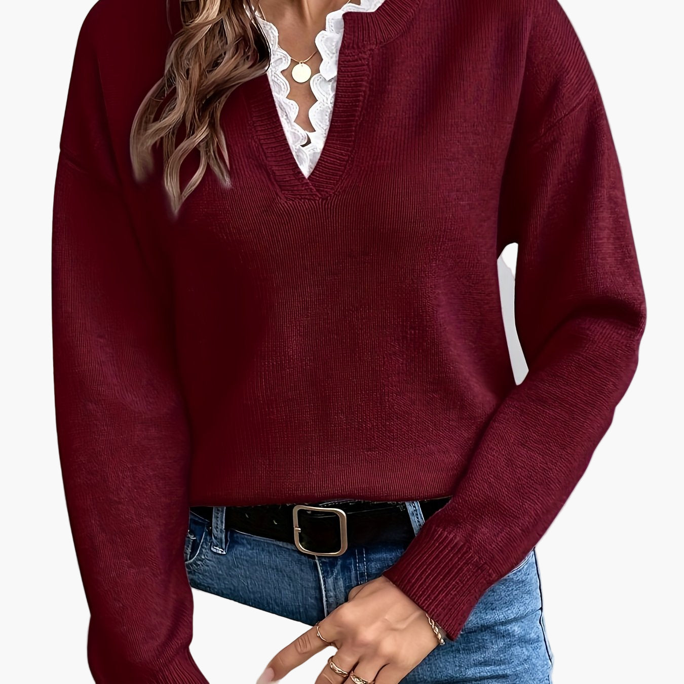 Damen Elegant Pullover mit V-Ausschnitt und Rüschenkragen – Perfekt für Alltag & Büro