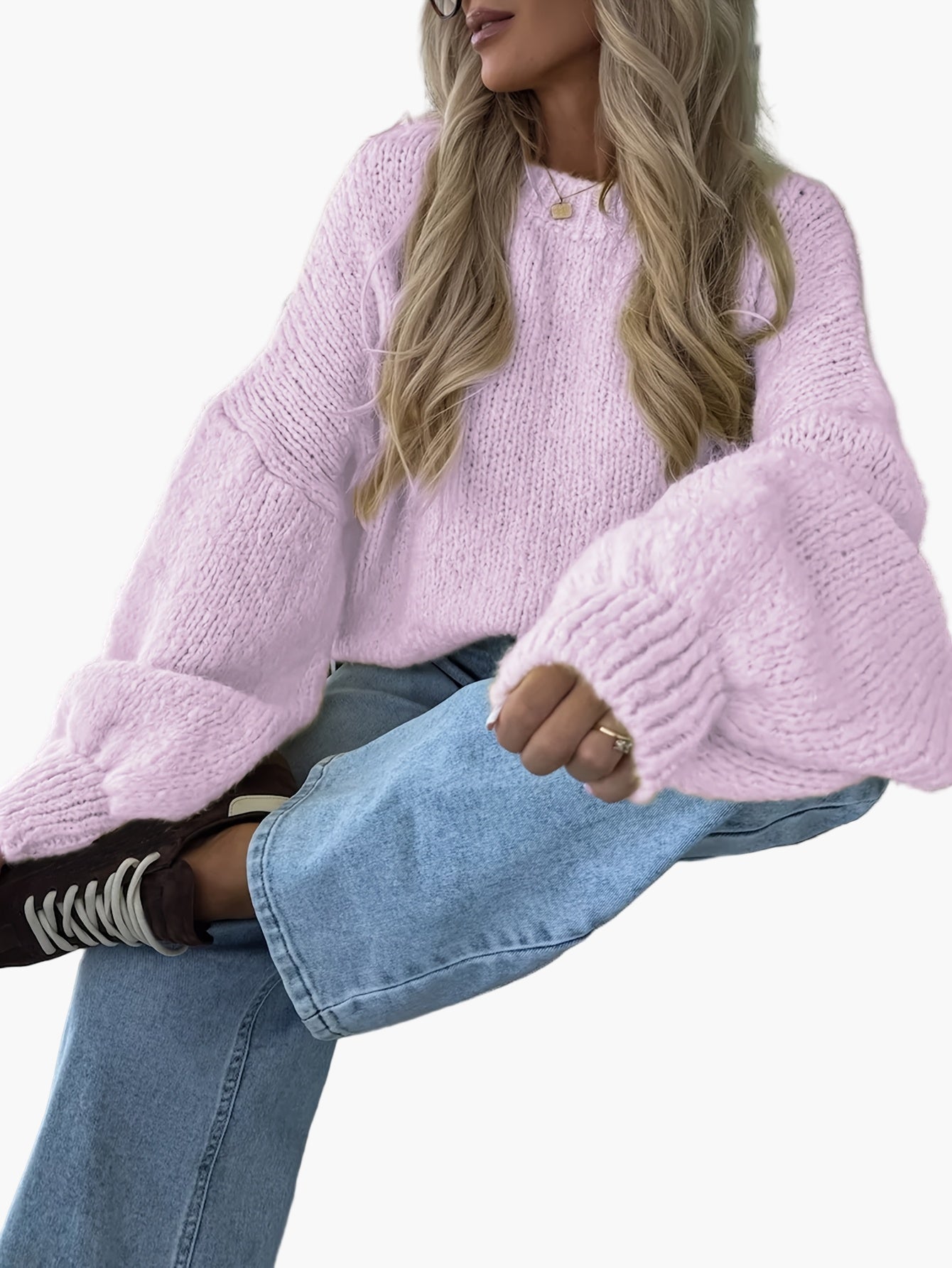 Damen Oversize Strickpullover mit Ballonärmeln für Herbst und Winter – Modischer Freizeit-Look