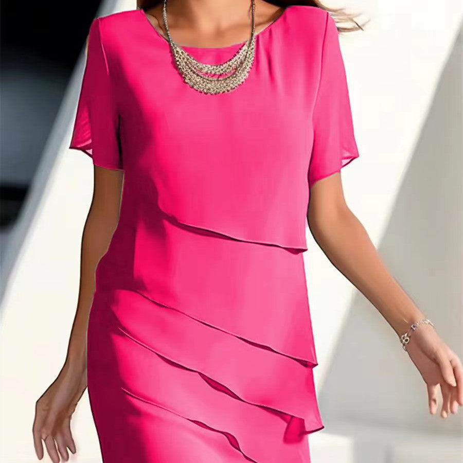 Tanya – Chiffon-Patchwork-Kleid mit rundem Ausschnitt und kurzen Ärmeln