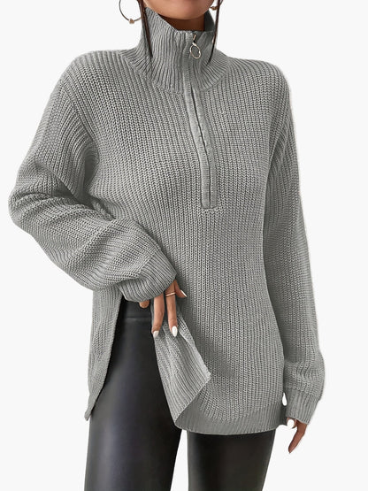 Damen Pullover Strickpullover mit Reißverschluss und Stehkragen – Modischer Herbst Winter Freizeit Look