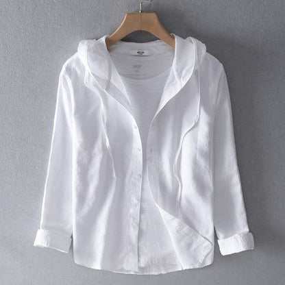 Sommerbluse Damen – Leichte Leinenbluse mit Kapuze im Hemdblusen-Stil