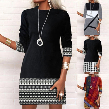 Anne – Figurbetontes Kleid mit geometrischem Muster und langen Ärmeln