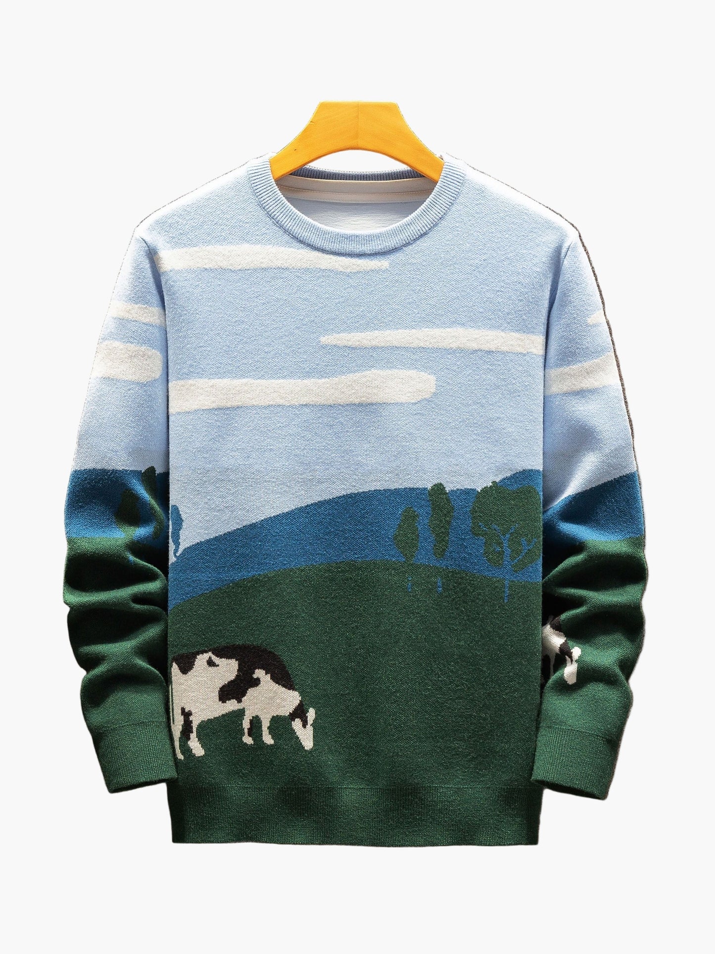 Herren Pullover mit Landschafts- und Kuh-Motiv, Casual Strickpullover für Herbst und Winter