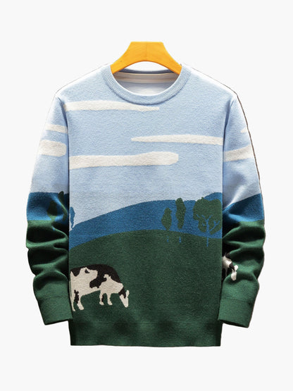 Herren Pullover mit Landschafts- und Kuh-Motiv, Casual Strickpullover für Herbst und Winter