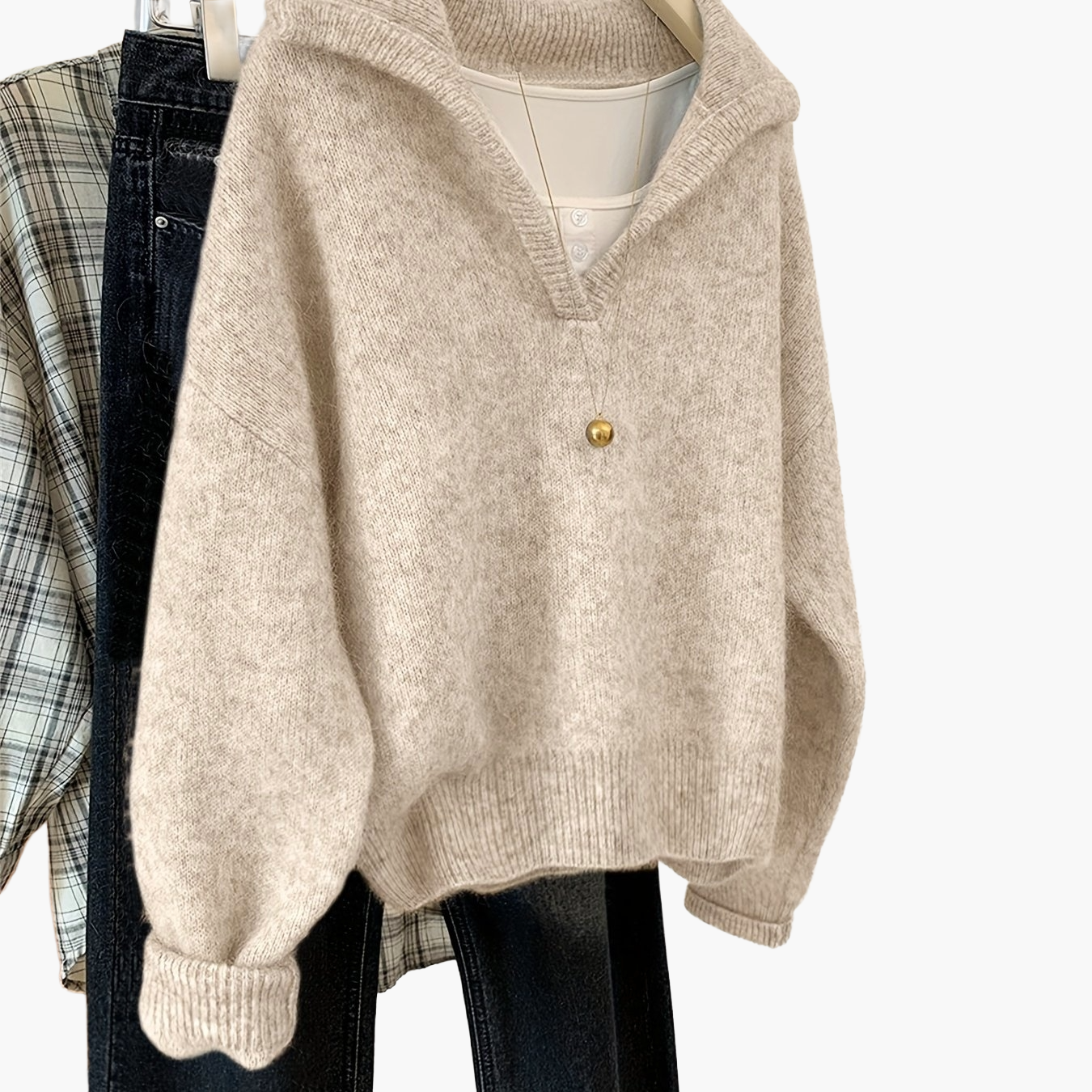 Damen Vintage Strickpullover mit V-Ausschnitt – Bequemer Herbst/Winter Freizeitpullover