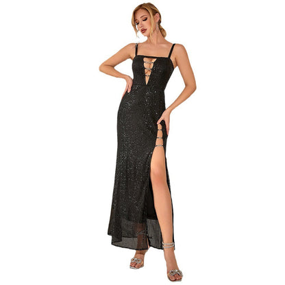 Angela – Elegantes schickes Abendkleid mit hohem Schlitz und Pailletten