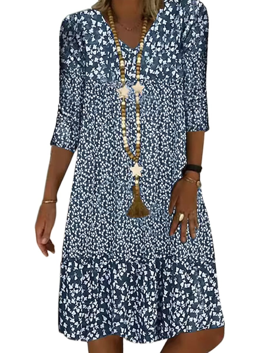 Damen Sommer Prinzessinnenkleid mit Blumenmuster, 3/4-Arm, Freizeit Midikleid, Bequem & Modisch