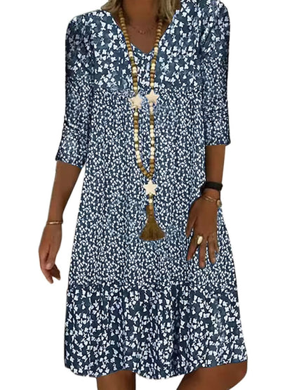 Damen Sommer Prinzessinnenkleid mit Blumenmuster, 3/4-Arm, Freizeit Midikleid, Bequem & Modisch