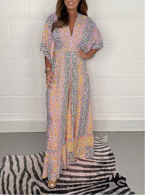 Grace – Bedruckter V-Ausschnitt Hohe Taille Lockere Jumpsuit mit Weiten Beinen