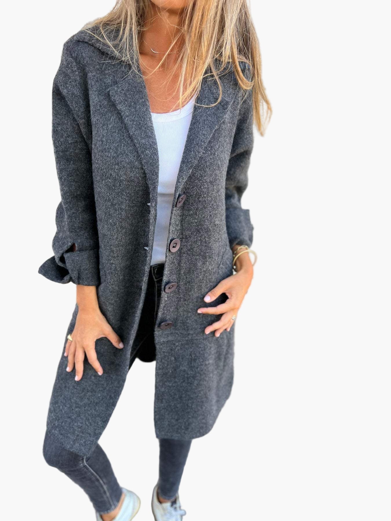 Damen Langer Casual Mantel mit Aufschlägen – Stilvoller Übergangslook für Alltag & Events