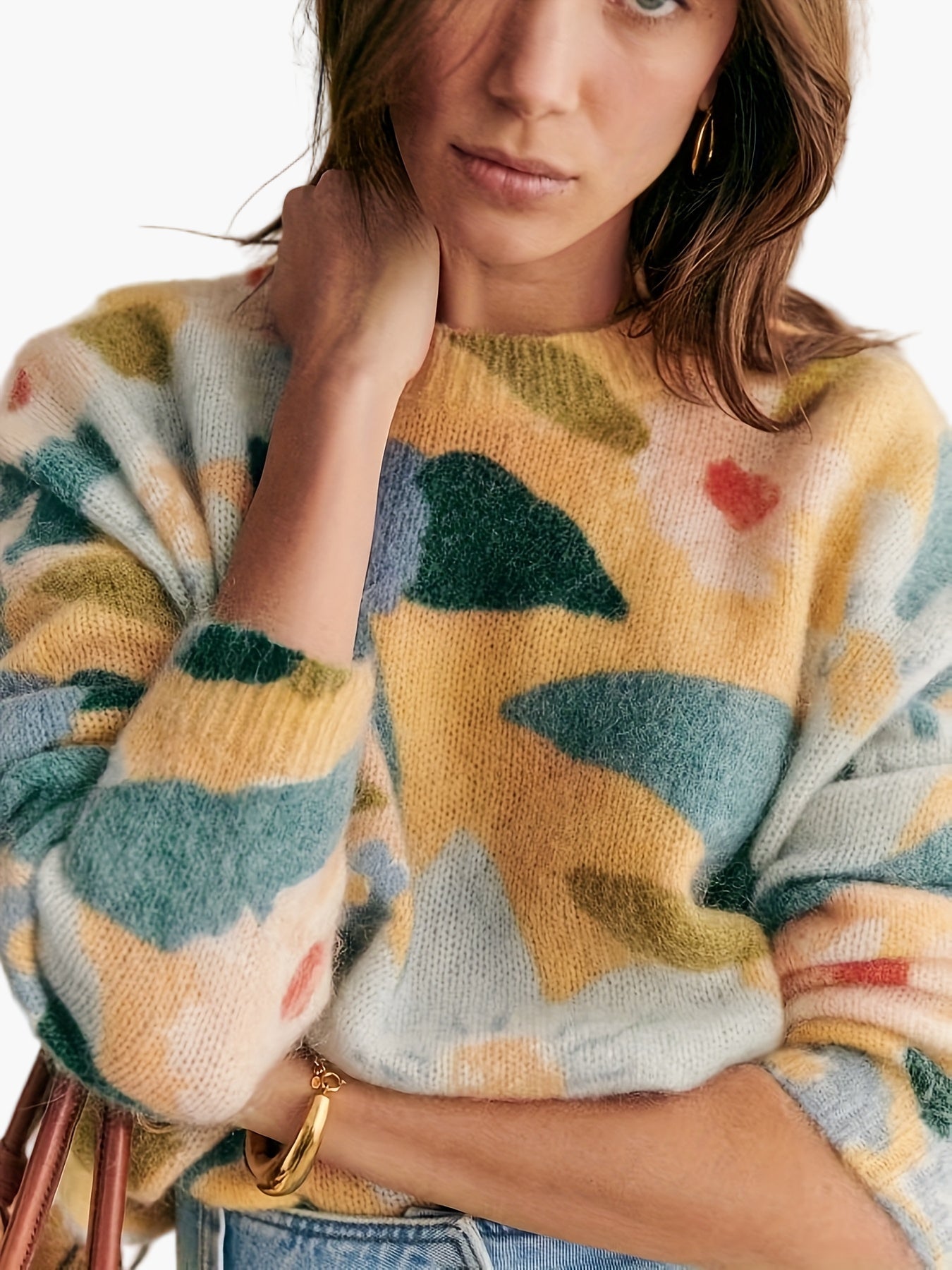 Damen Pullover mit floralem Print und modernem Colorblock-Design – Eleganter Strick für Herbst und Winter