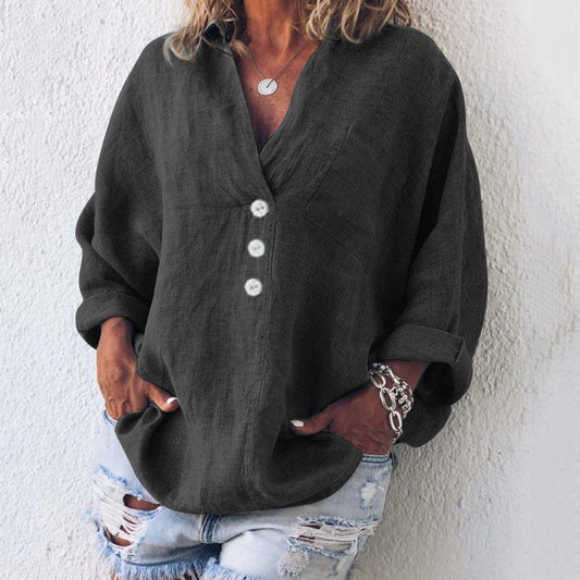 Ruby – Langärmlige Bluse aus Premium-Veganleinen mit V-Ausschnitt