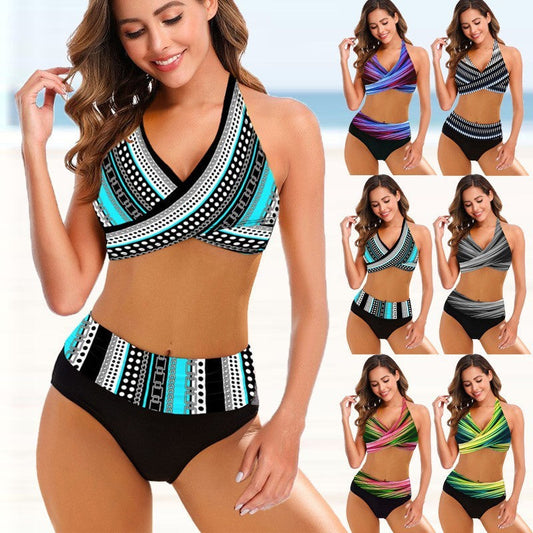 Damen Bikini Set High Waist Retro Streifen – Sexy Badeanzug für Strand & Schwimmen