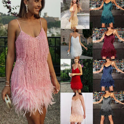 Damen Fransen A-Linien Partykleid mit Spaghettiträgern – Elegantes 20er Jahre Stil Abendkleid für besondere Anlässe