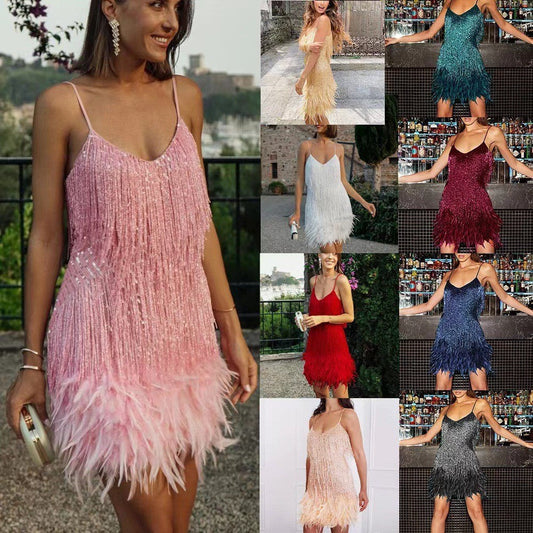 Damen Fransen A-Linien Partykleid mit Spaghettiträgern – Elegantes 20er Jahre Stil Abendkleid für besondere Anlässe