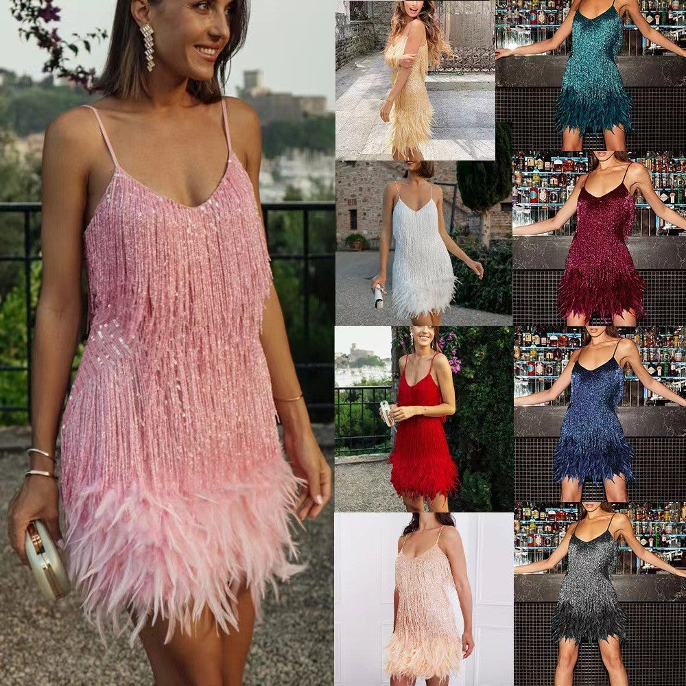 Damen Fransen Partykleid mit Pailletten und Federn – Elegantes Cocktailkleid im Charleston Stil