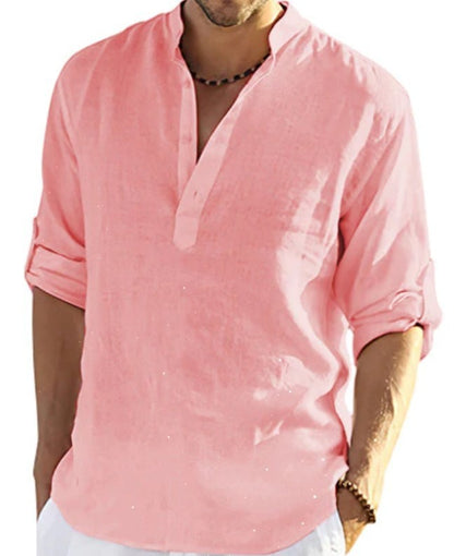 Herren Henley Shirt Langarm – Casual Sommerhemd mit Stehkragen für Freizeit, Büro und Urlaub