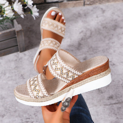 Robyn – Wellenmuster Woven Sandalen im Sommer, lässige ethnische Stil Riemchenschuhe mit Leinenboden und breiten Keilriemen für Frauen