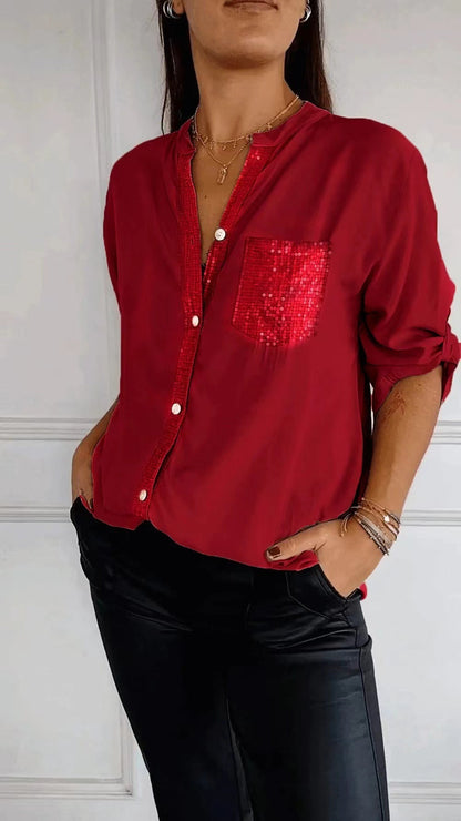 Carol – Lässiges Button-Down Langarmshirt mit Pailletten-Taschen Design