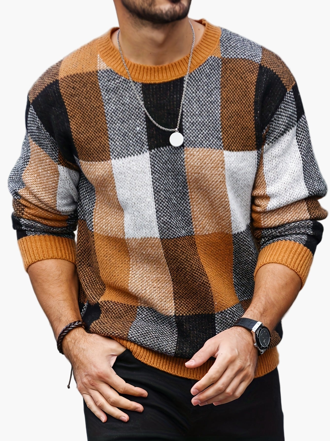 Herren Pullover Kariert Lässig Herbst/Winter – Moderner Rundhals Strickpullover für Alltag & Freizeit