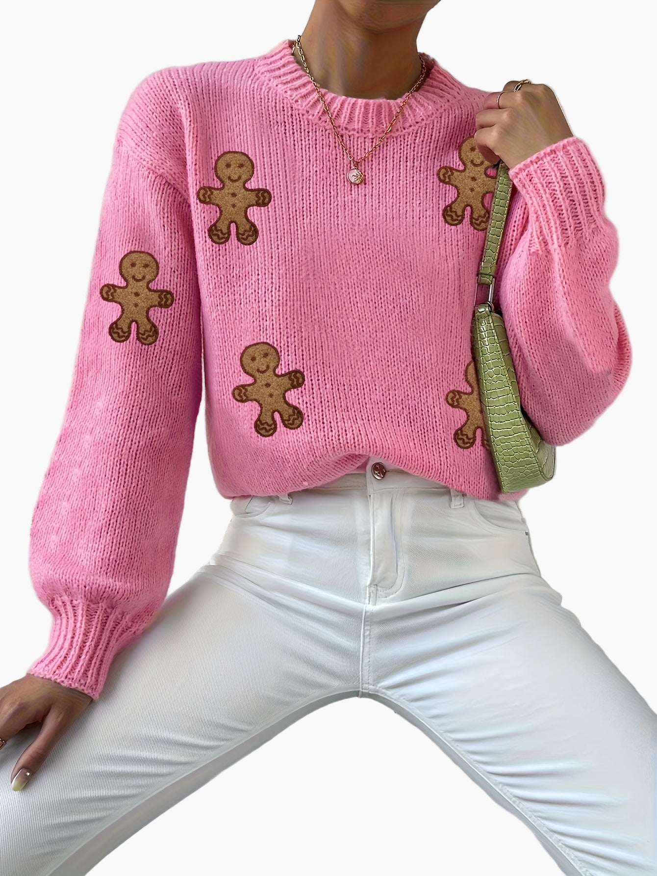 Damen Pullover mit Lebkuchenmann Motiv – Verspielter Strick-Sweater im Trend-Design für Herbst und Winter