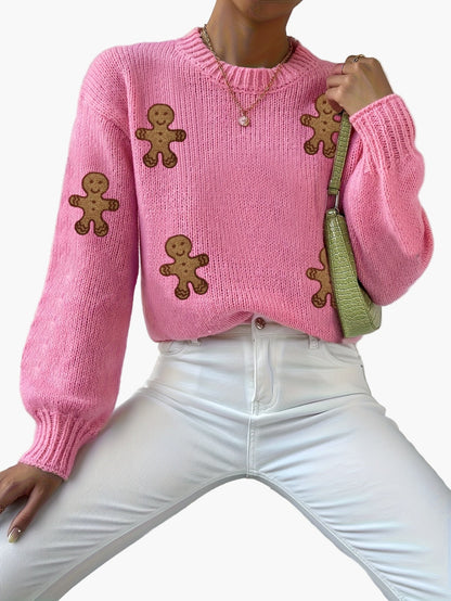 Damen Pullover mit Lebkuchenmann Motiv – Verspielter Strick-Sweater im Trend-Design für Herbst und Winter