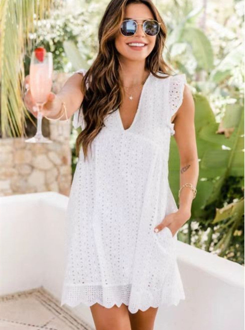 Jacqueline – Sommerliches ärmelloses Jacquard-Kleid mit Spitze und Tasche