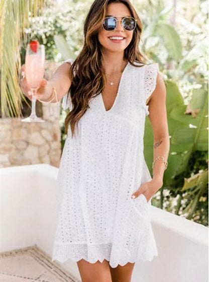 Jacqueline – Sommerliches ärmelloses Jacquard-Kleid mit Spitze und Tasche