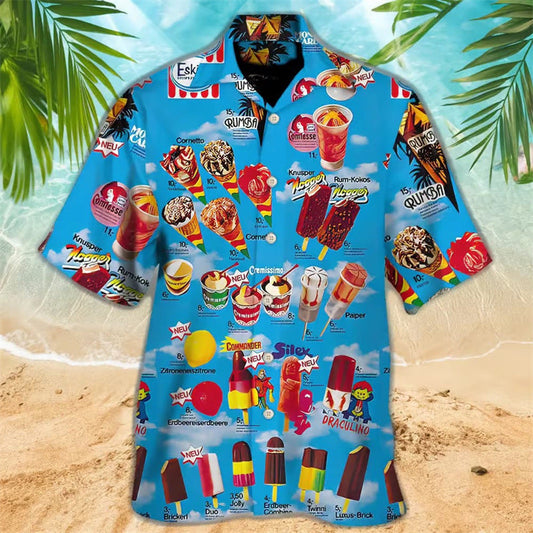 Herren Hawaiihemd mit Retro Eiscreme-Print – Buntes Kurzarm Freizeithemd für Sommer & Strand