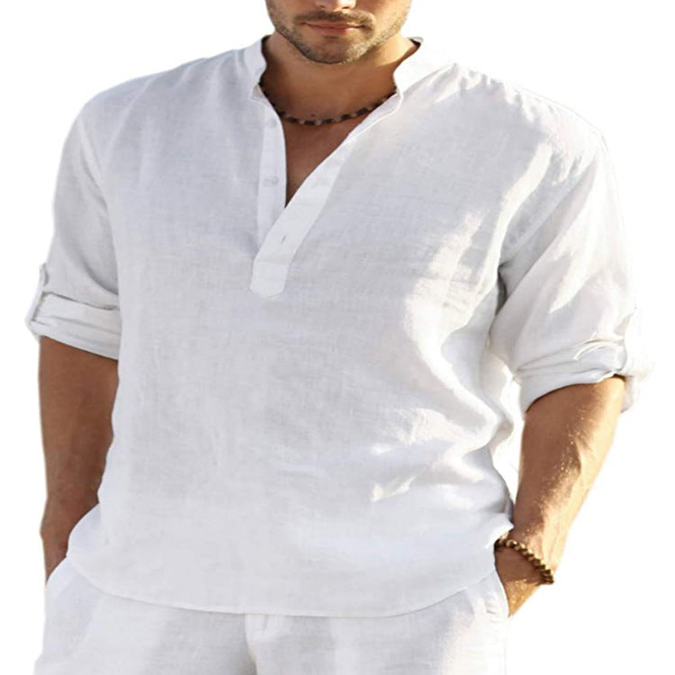 Herren Henley Shirt Langarm – Casual Sommerhemd mit Stehkragen für Freizeit, Büro und Urlaub