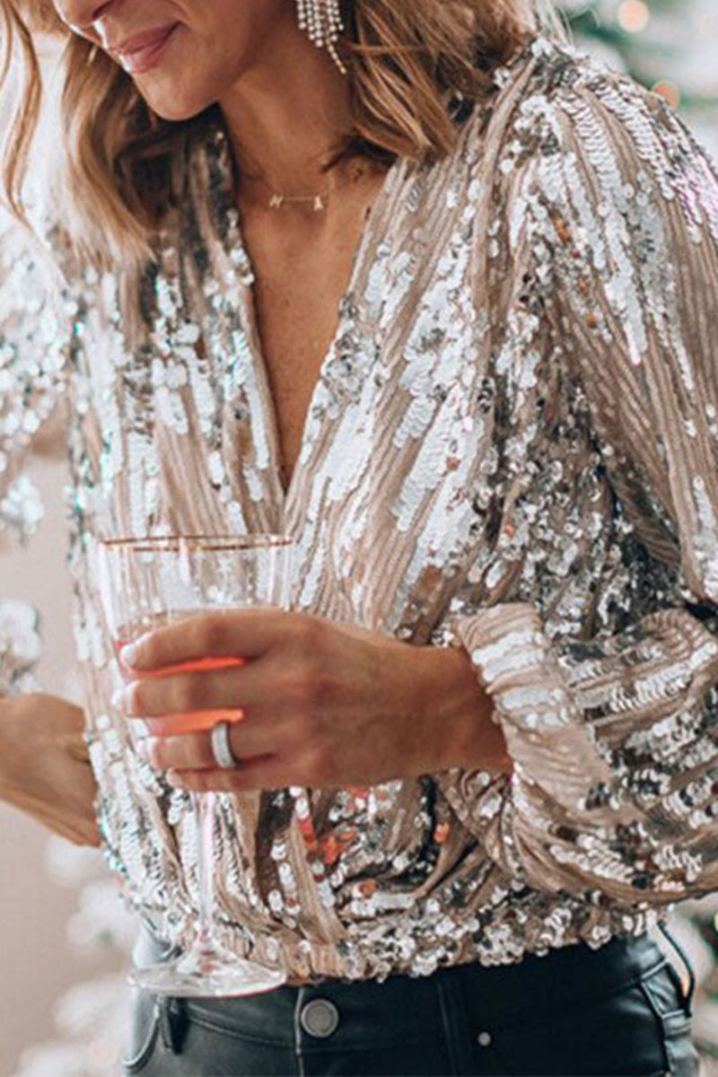 Damen Pailletten Bluse Elegant – Glänzende Party Oberteil mit Vintage Charme für festliche Anlässe