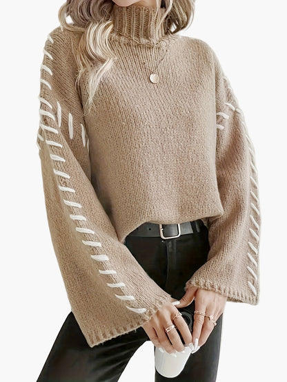 Damen Strickpullover mit weitem Ärmel und Ziernaht, eleganter Herbst/Winter Rollkragen Sweater