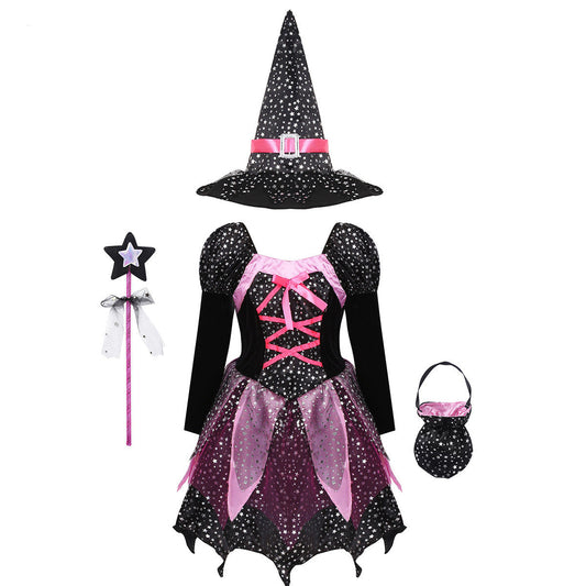Kinder Halloween Hexenkostüm Set mit Hut, Kleid, Zauberstab und Tasche – Perfekt für Halloween-Partys und Trick-or-Treat