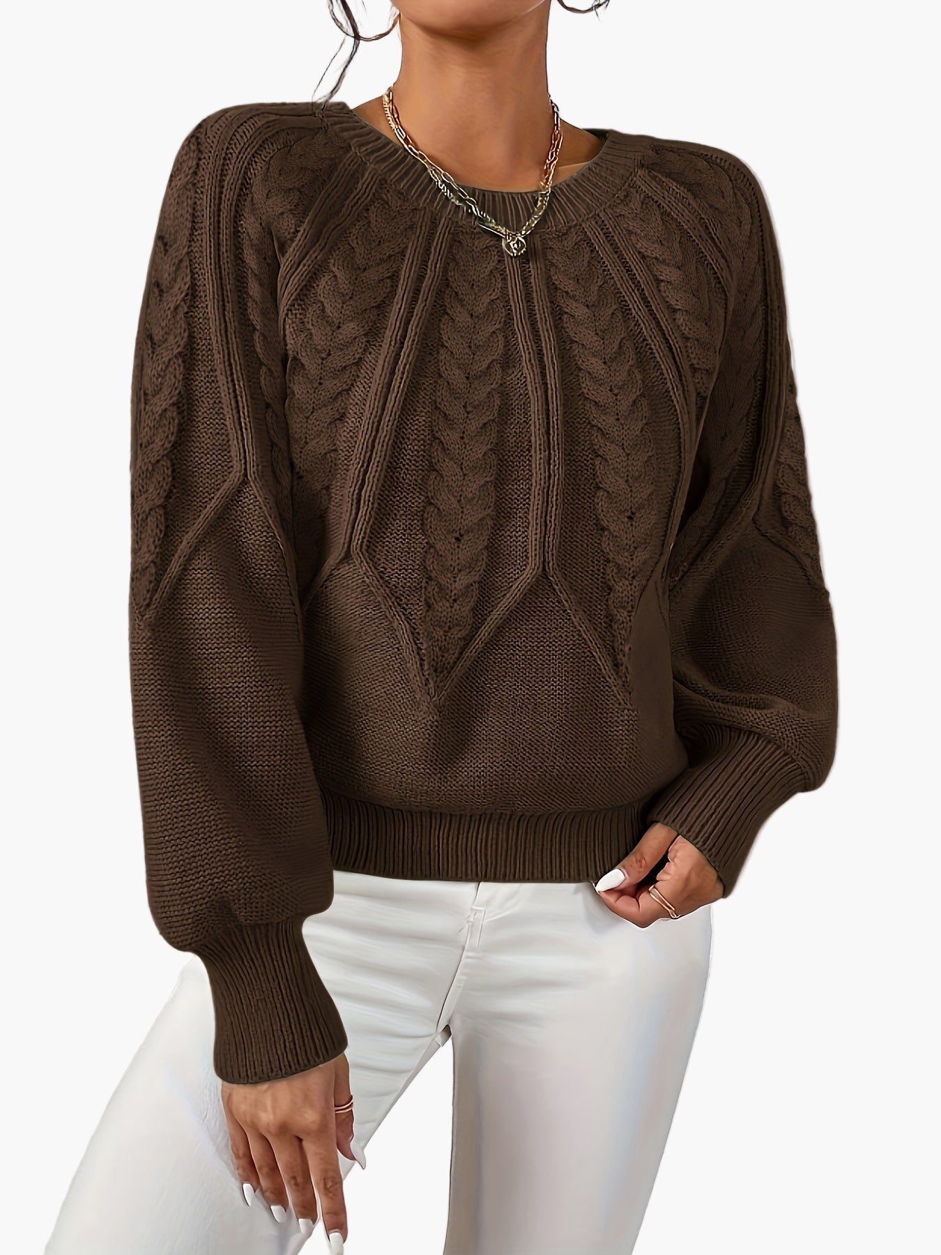 Damen Strickpullover mit Zopfmuster und Rundhalsausschnitt – Eleganter Style für Freizeit & Büro