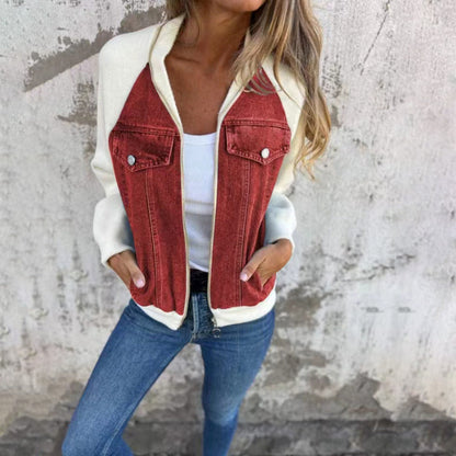 Sandra – Modische Damen-Denim-Patchwork-Jacke mit Kapuze