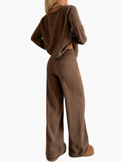 Damen Lounge Set Freizeit Zweiteiler mit weitem Schnitt – Bequemer Strickpullover und Hose, modisch für Herbst und Winter