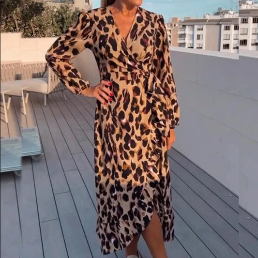 Julia – Sexy V-Ausschnitt Leopardenmuster Langarmkleid