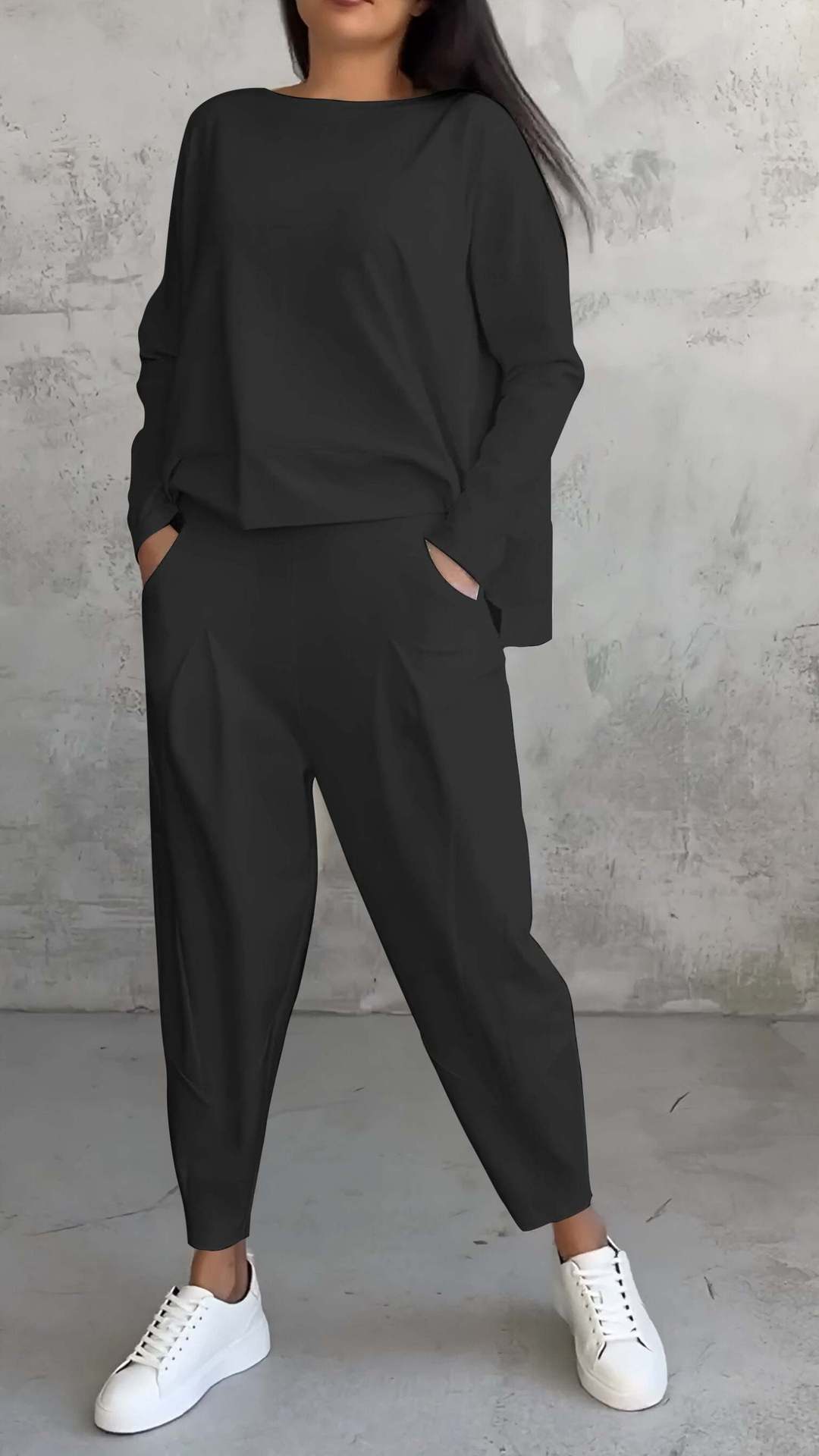 Janet – Unregelmäßiges Design Damenanzug mit Langarm-Sweater und Haremshose