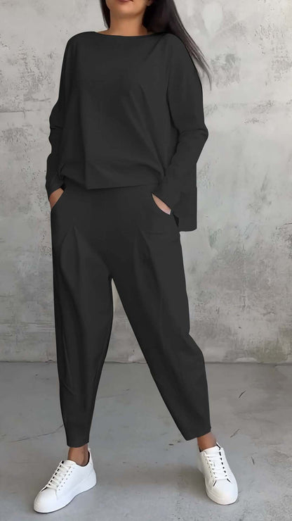 Janet – Unregelmäßiges Design Damenanzug mit Langarm-Sweater und Haremshose