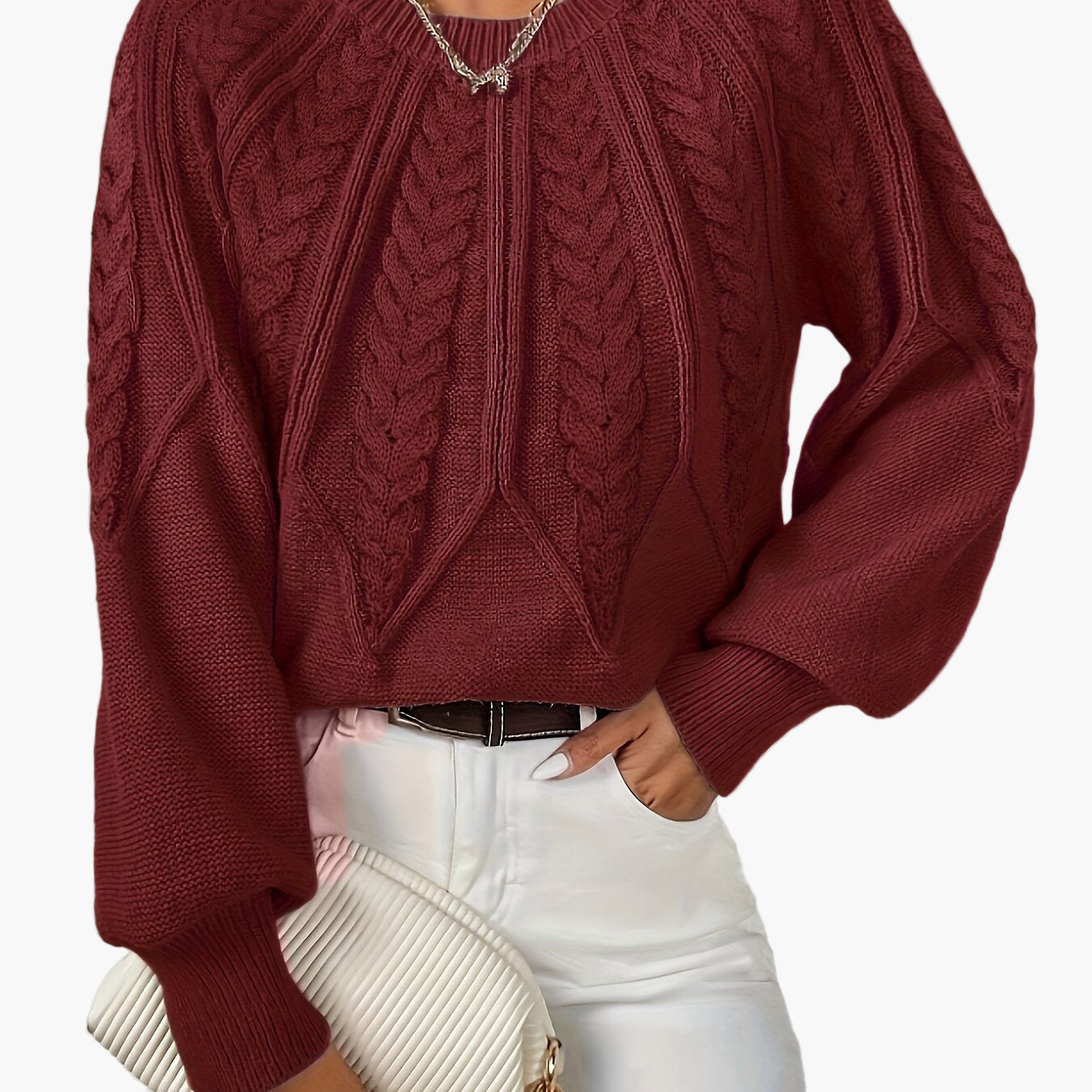 Damen Strickpullover mit Zopfmuster und Rundhalsausschnitt – Eleganter Style für Freizeit & Büro