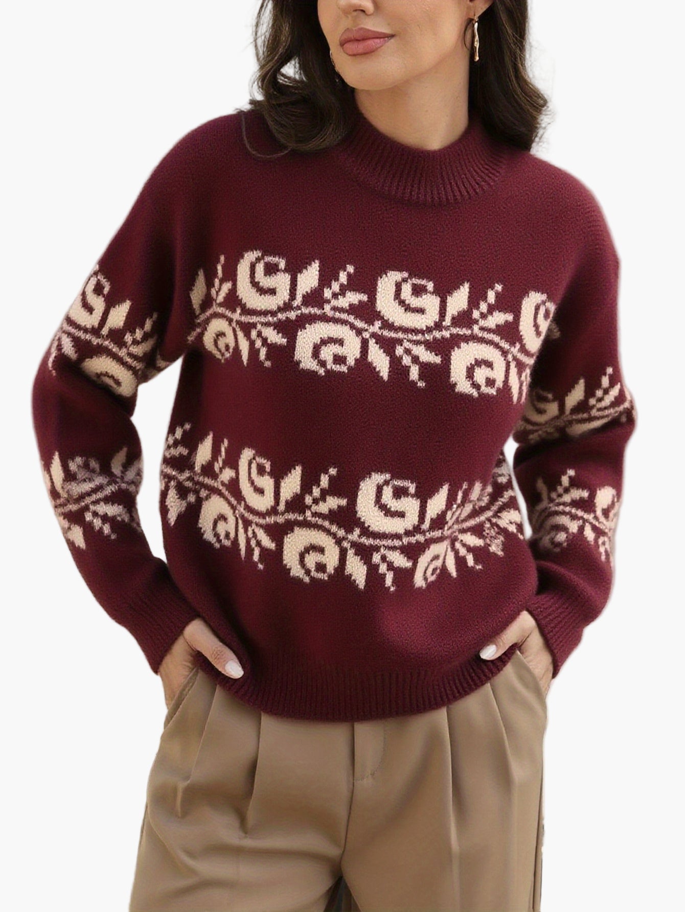 Damen Pullover Elegant mit Blumenmuster Jacquard – Ideal für Herbst & Winter