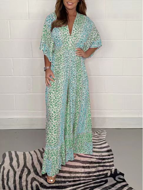 Grace – Bedruckter V-Ausschnitt Hohe Taille Lockere Jumpsuit mit Weiten Beinen