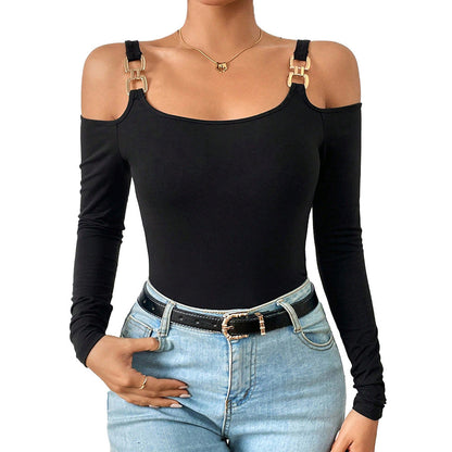 Amy – Einfaches Off-Shoulder Top mit Metallhaken und langen Ärmeln für Damen
